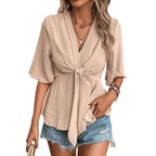 Women's Blouse with Decorative Knot and Wide Sleeves