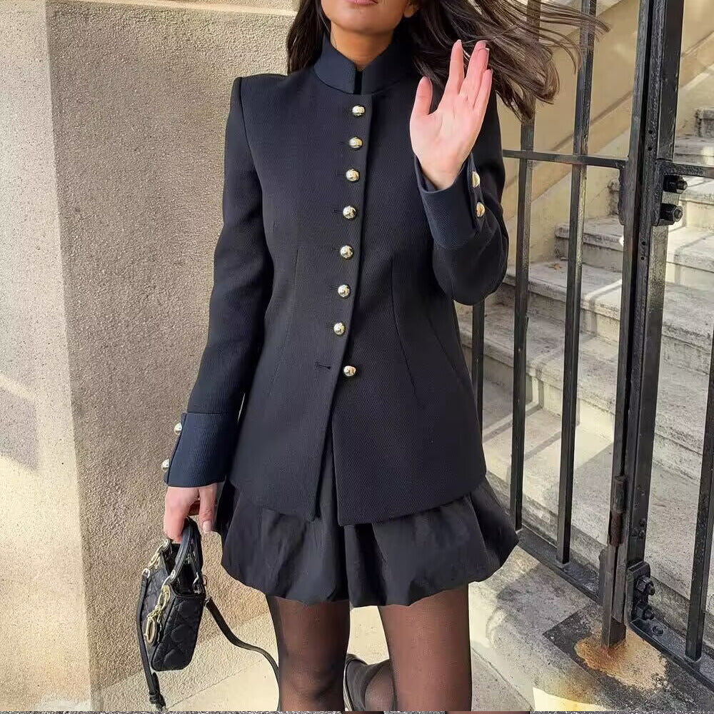 Women's Elegant Quilted Jacket with High Collar and Gold Buttons