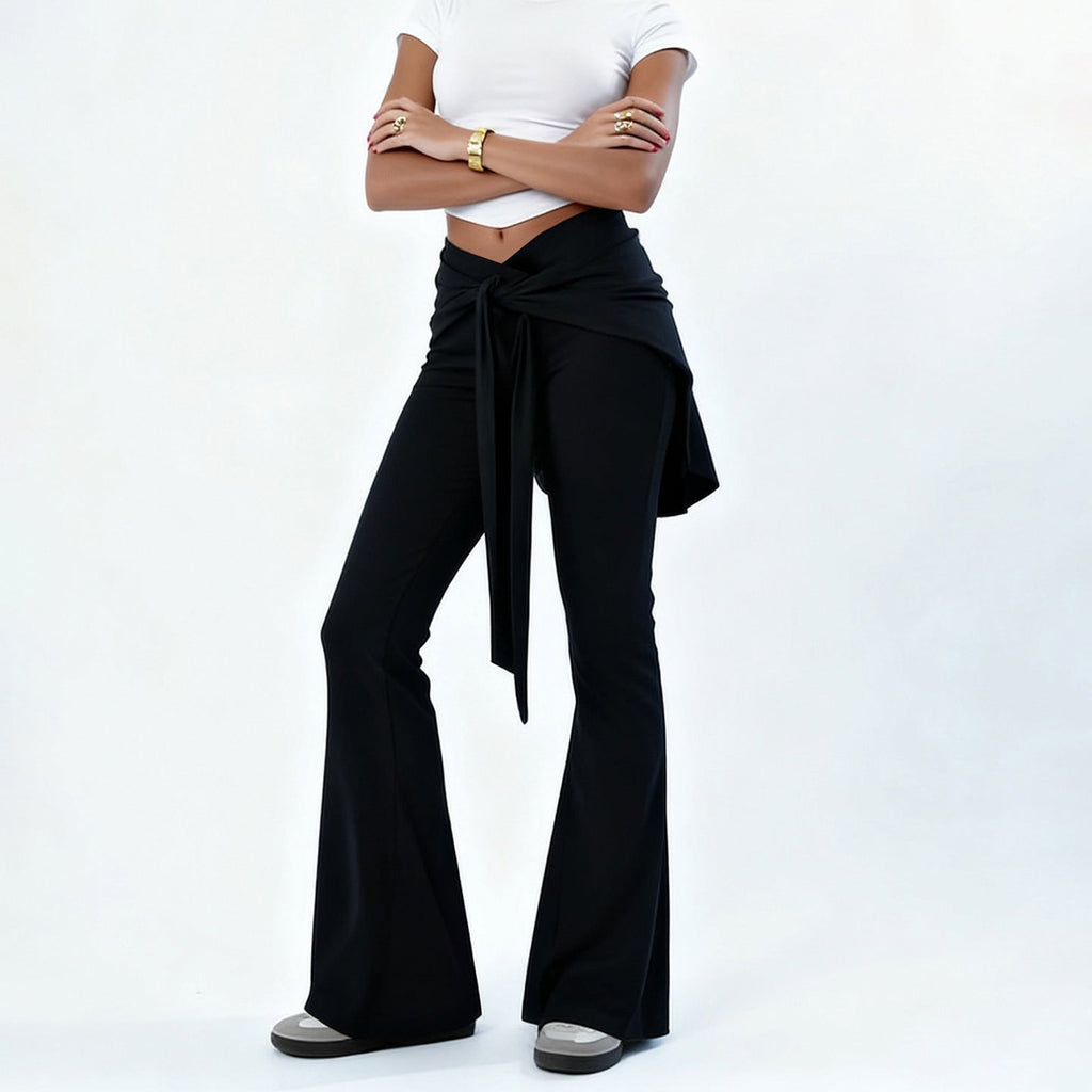 Women's Elegant Flared Pants with Wide Hem and Tie Waist
