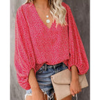 Women's Blouse with Wide Puff Sleeves and V-Neck