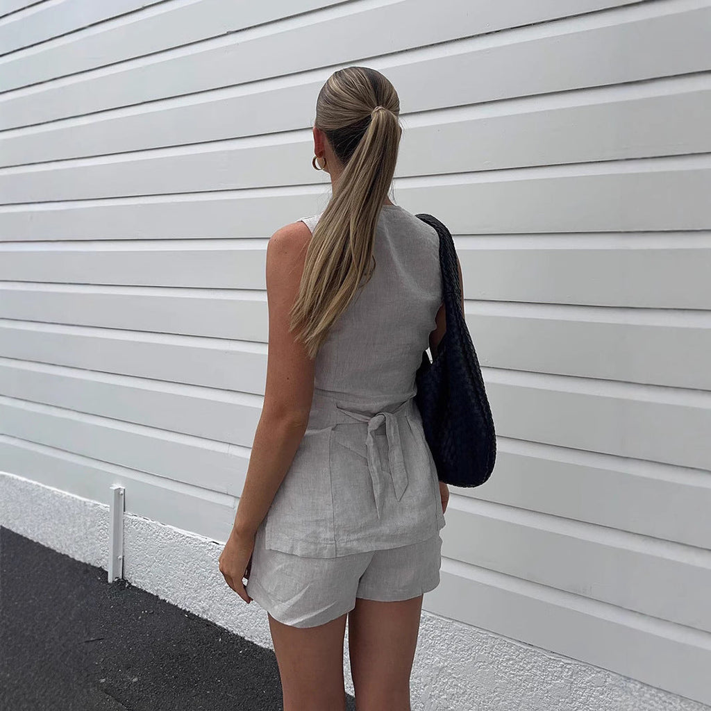 Women's Elegant Linen Blouse and Shorts Set