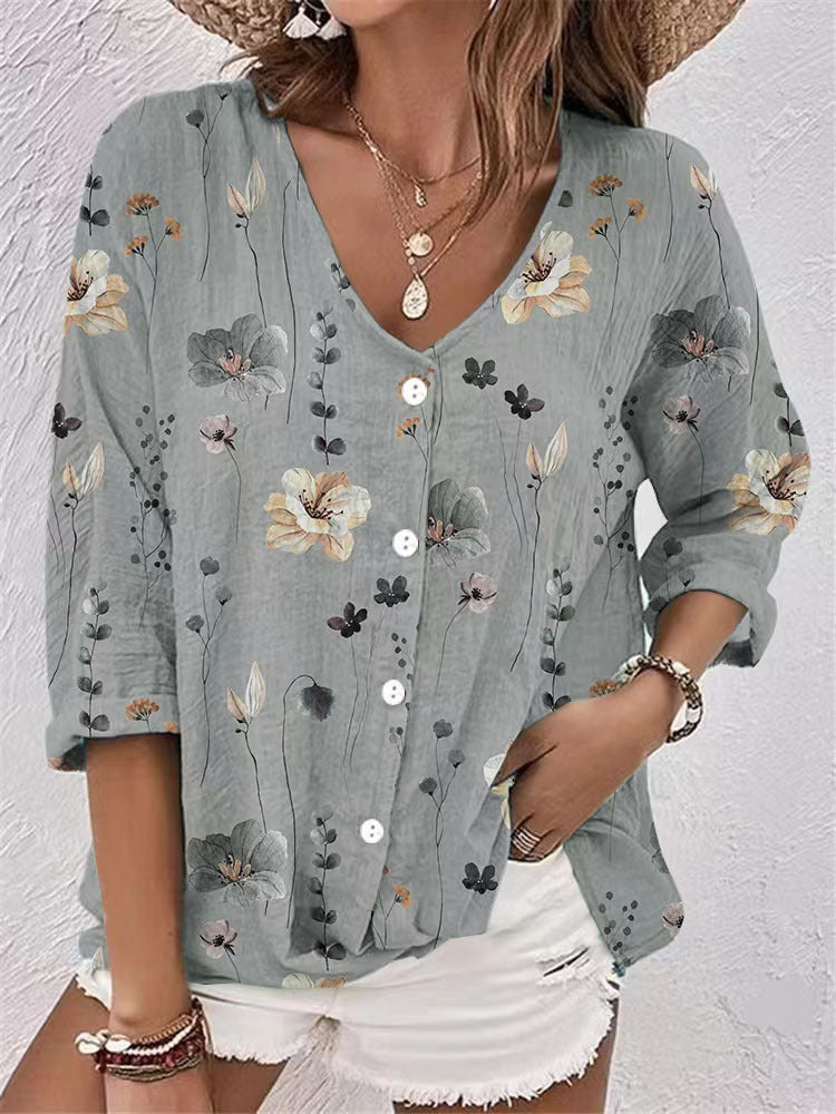 Women's Casual Floral Blouse with Button Details