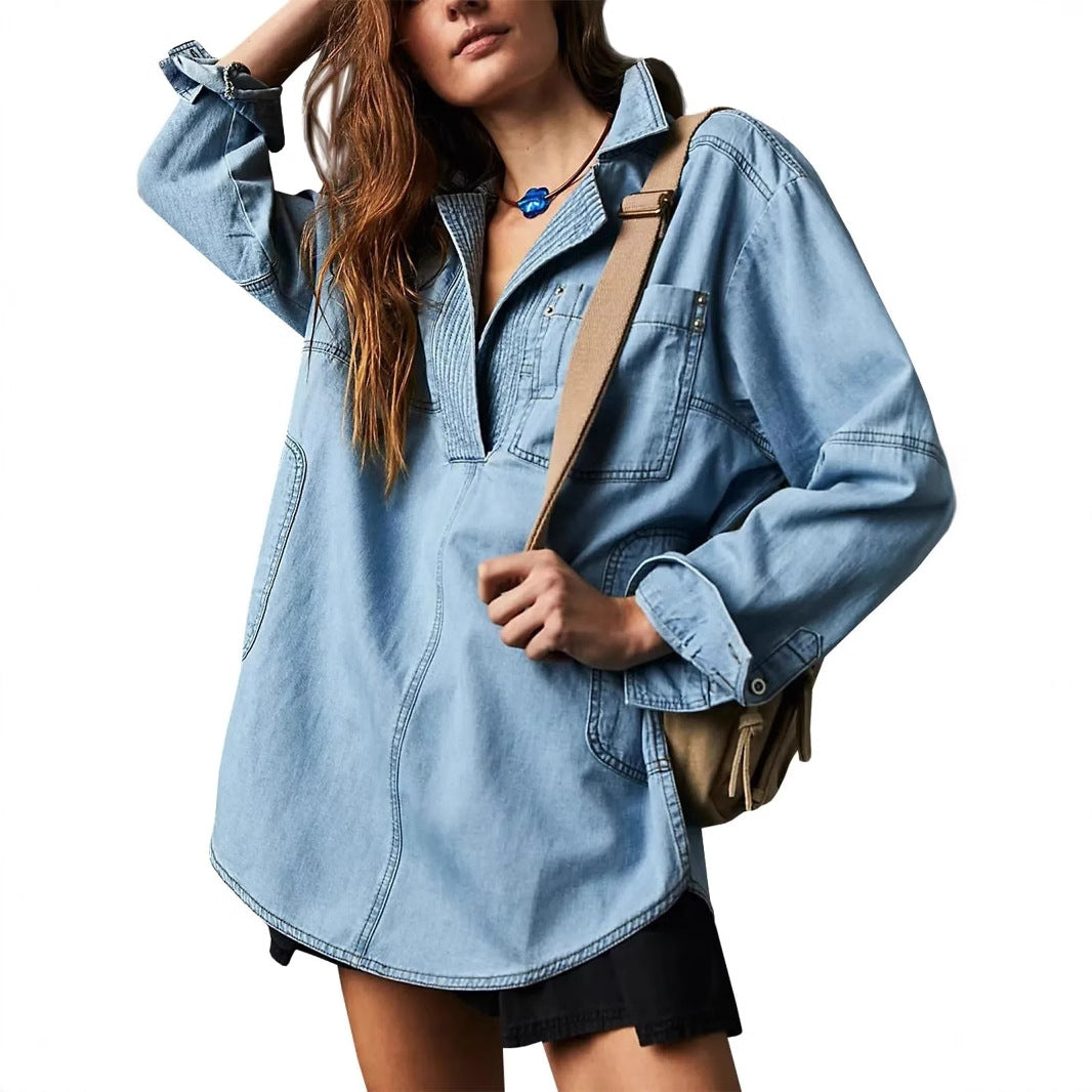 Women's Denim Shirt with Detailed Stitching