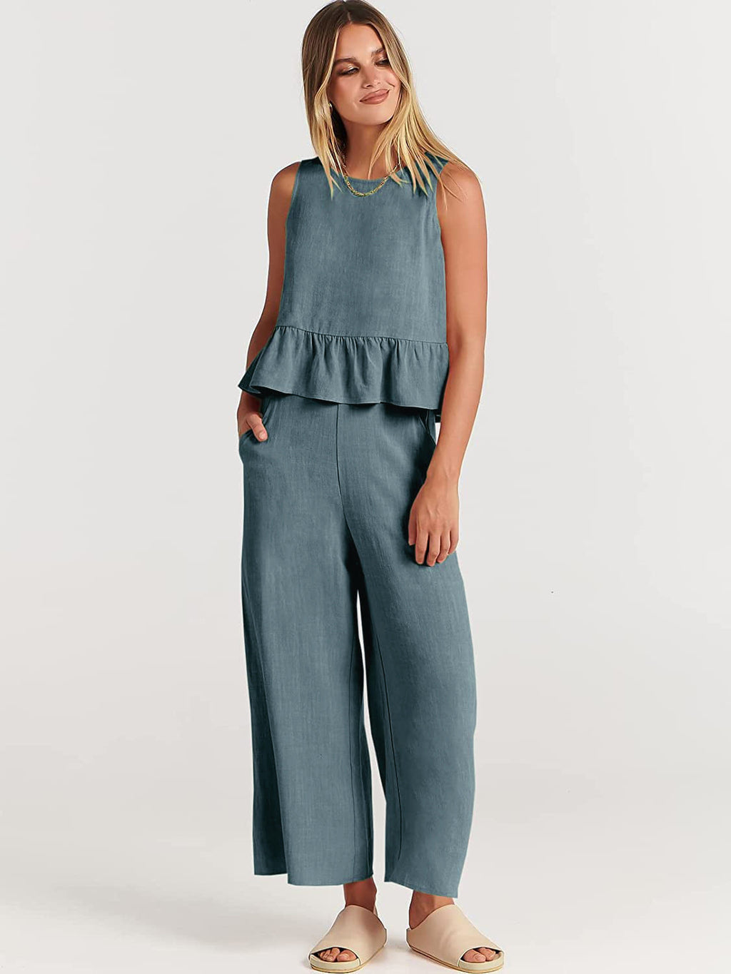 Women's Casual Peplum Jumper with Wide-Leg Pants
