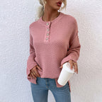 Women's Cozy Knit Pullover with Button Placket and Wide Sleeves