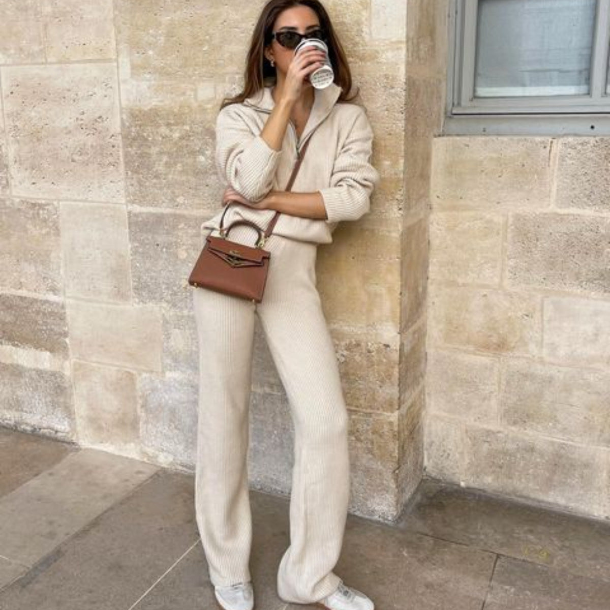 Women's Casual Knit Ensemble with High Collar and Side Zipper