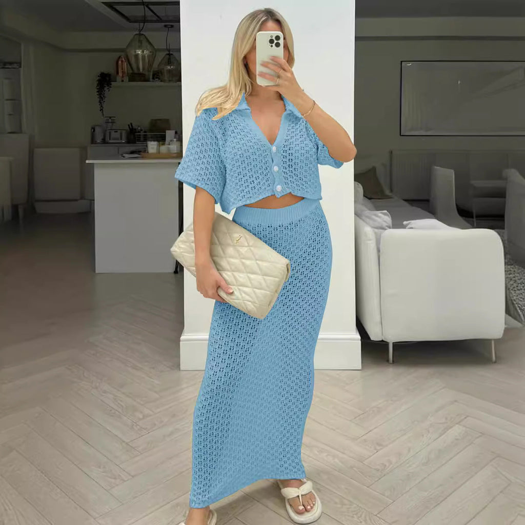Women's Casual Knit Set with Cropped Jacket and Wrap Skirt