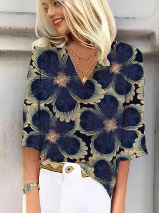 Women's Patterned Blouse with V-Neck and 3/4 Sleeves