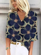 Women's Patterned Blouse with V-Neck and 3/4 Sleeves