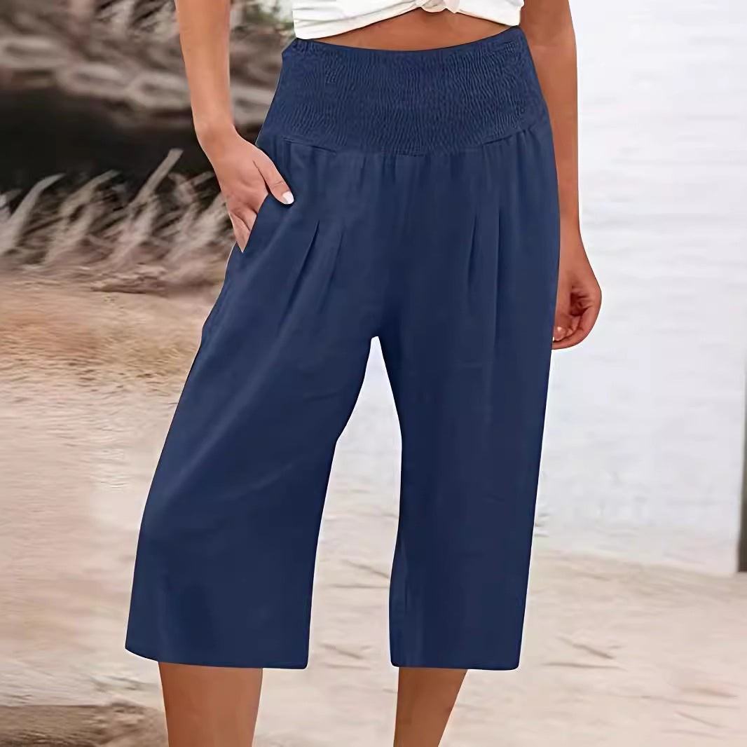 Women's Elegant Culottes with Elastic Waistband and Pockets