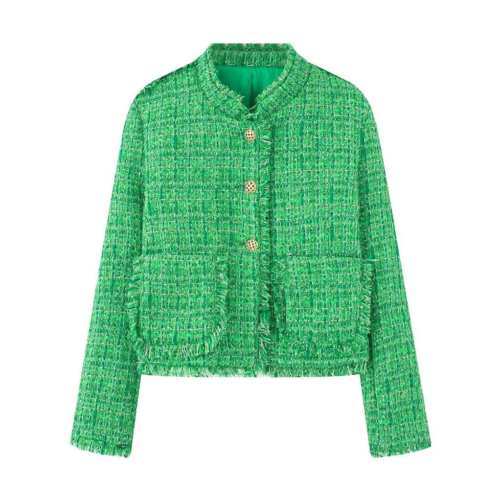 Women's Elegant Textured Short Jacket with Gold Buttons