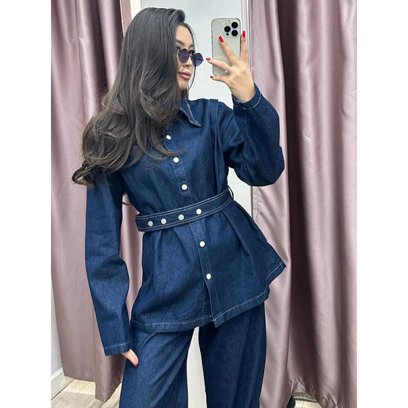 Women's Vintage-Style Denim Blazer Set with Waist Belt