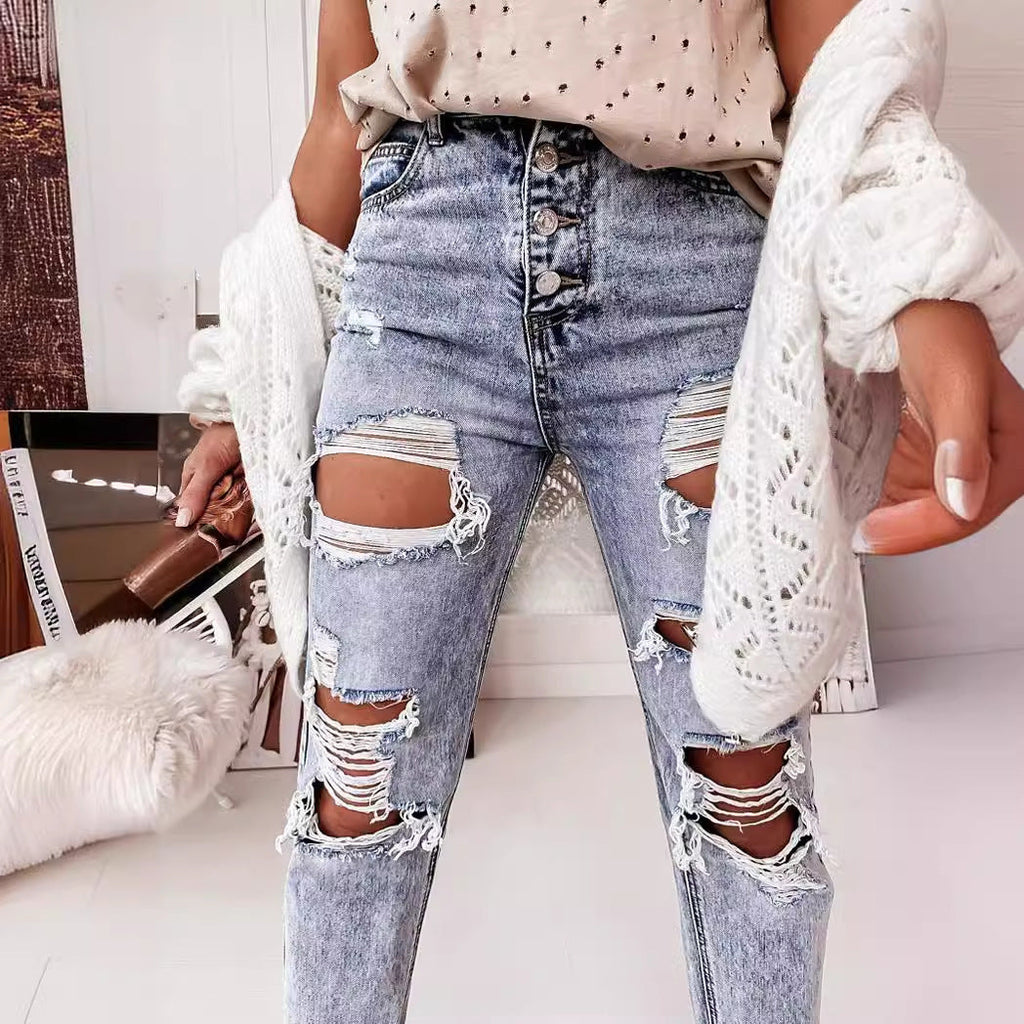 Women's Destroyed Boyfriend Jeans in Casual Vintage Style with High Waist