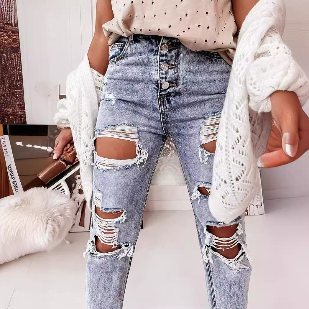 Women's Destroyed Boyfriend Jeans in Casual Vintage Style with High Waist