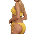 Women's Swimsuit with Decorative Ruffle Hem and Flower Appliqué