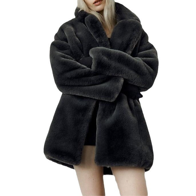 Women's Fluffy Oversized Faux Fur Coat with Deep Lapel