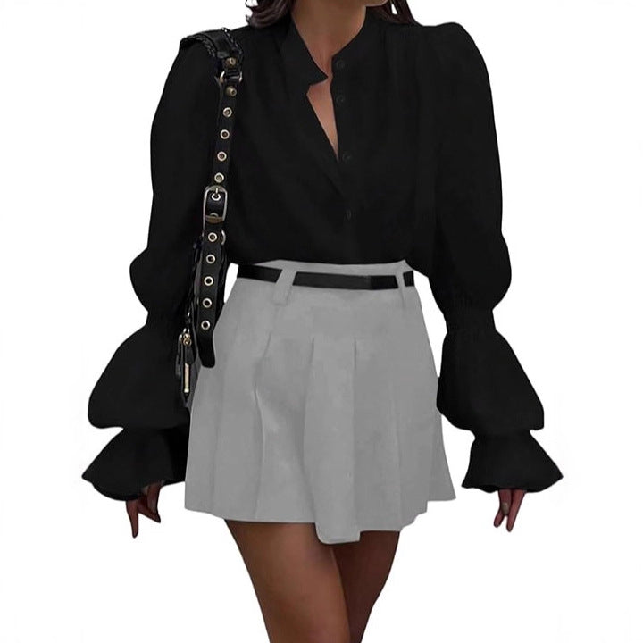 Women's Blouse with Elegant Puff Sleeves and Timeless Stand-Up Collar