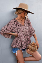 Women's Casual Blouse with Voluminous Sleeves and Polka Dot Pattern