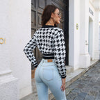 Women's Cropped Sweater with Classic Houndstooth Pattern and Polo Collar