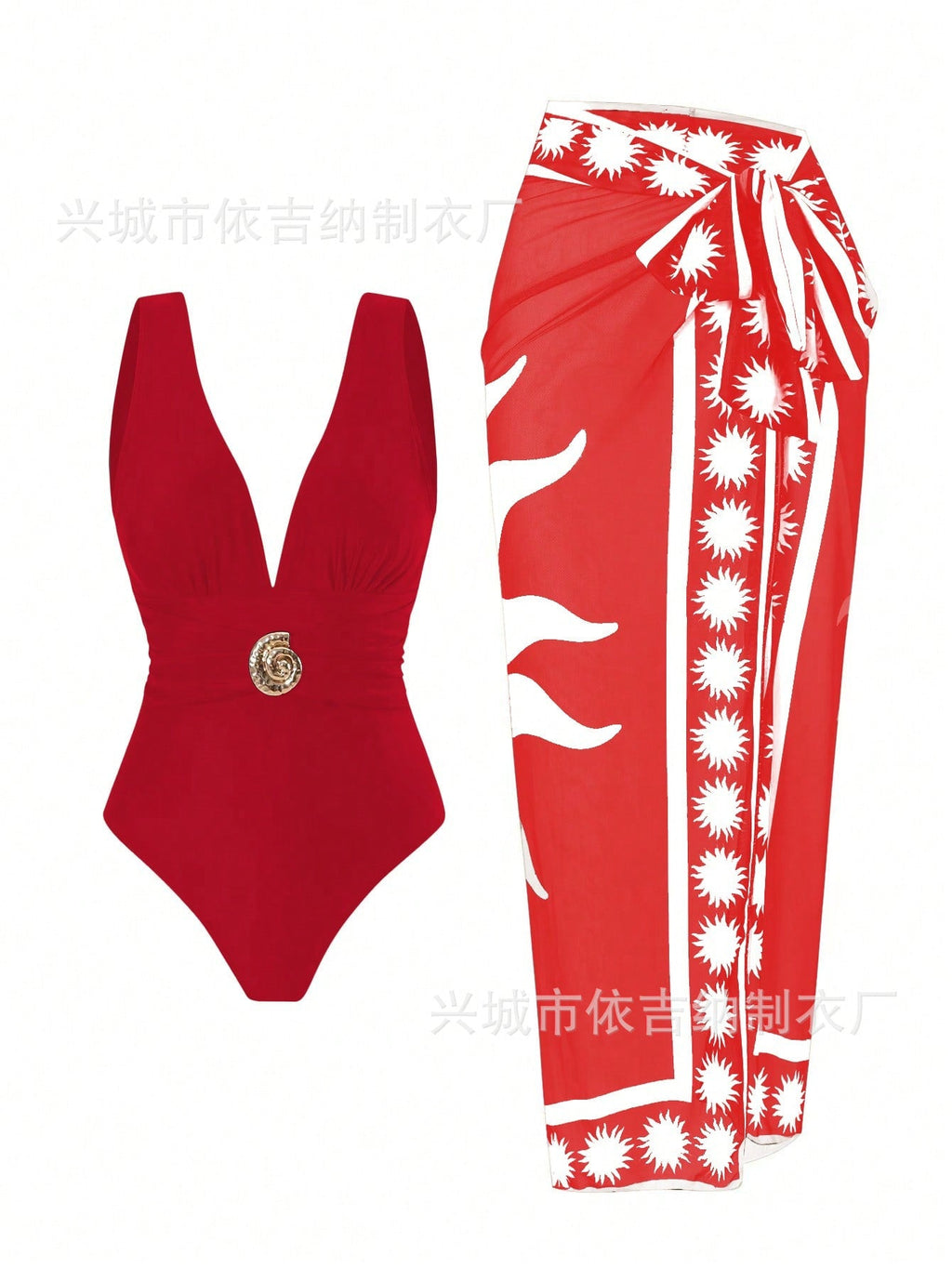 Women's Swimsuit with Feminine Wrap Skirt and Elegant Jewelry Detail