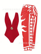 Women's Swimsuit with Feminine Wrap Skirt and Elegant Jewelry Detail