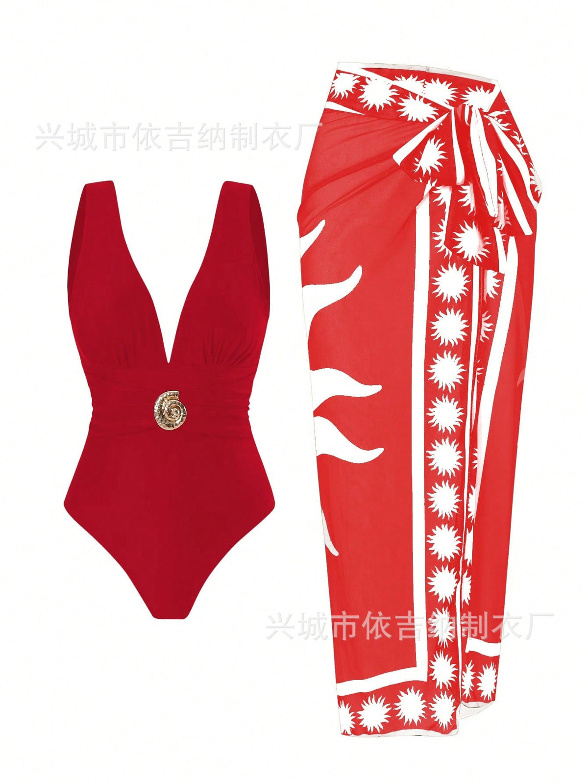 Women's Swimsuit with Feminine Wrap Skirt and Elegant Jewelry Detail