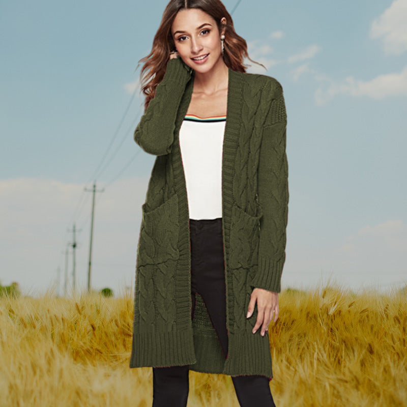 Women's Chunky Knit Cardigan with Deep Pockets and Decorative Cable Knit