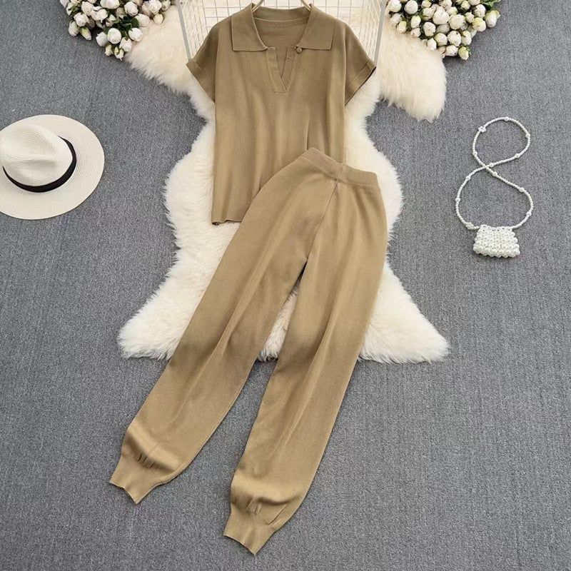 Women's Elegant Lounge Set with Short-Sleeve Polo and Wide-Leg Pants