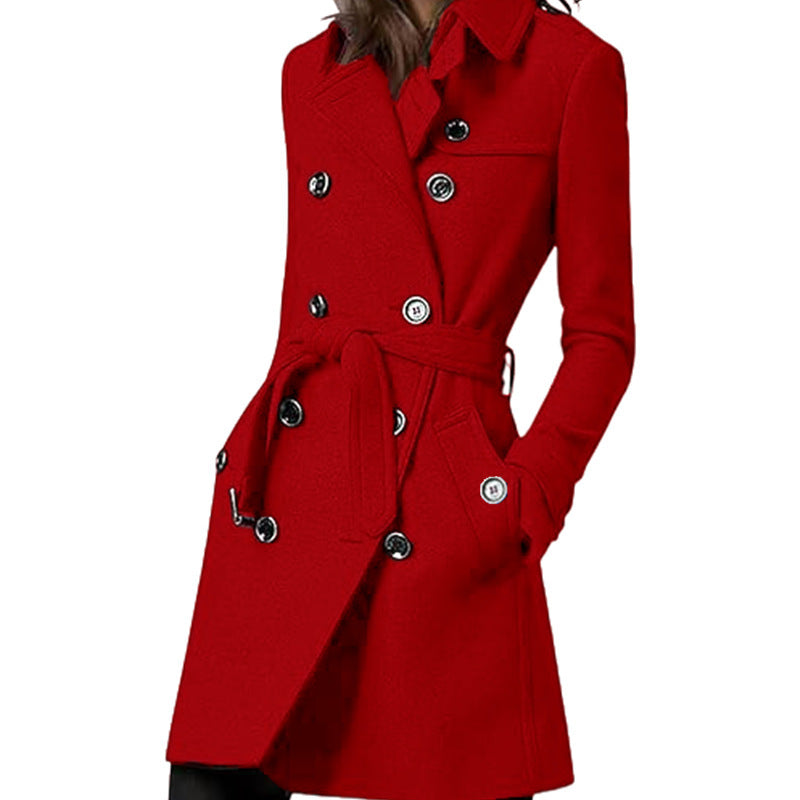 Women's Hooded Coat with Belt and Double-Breasted Button Placket