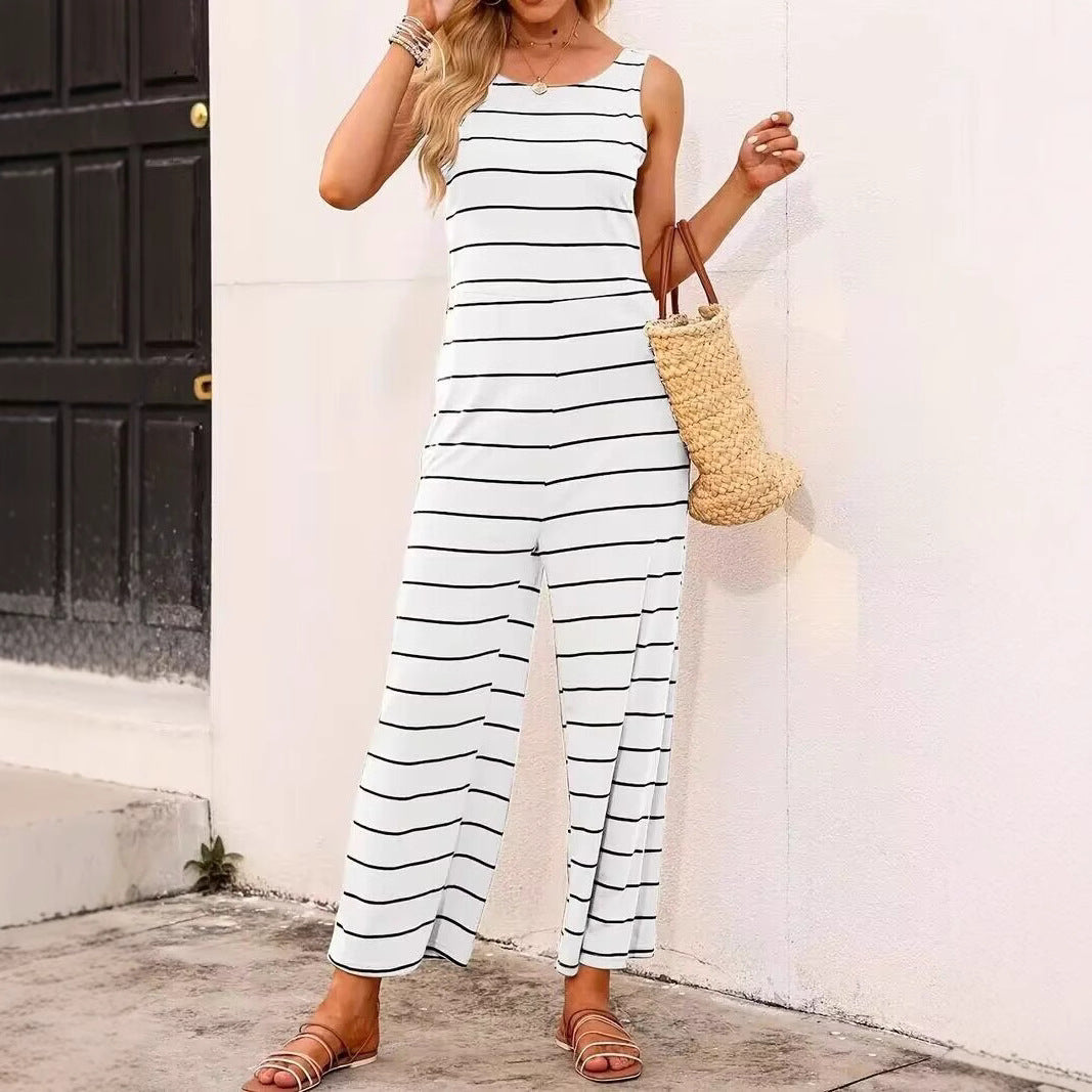 Women's Casual Wide-Leg Jumpsuit with Nautical Stripe Pattern