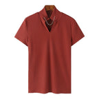 Women's Short-Sleeve Shirt with V-Neck and Textured Ribbed Pattern