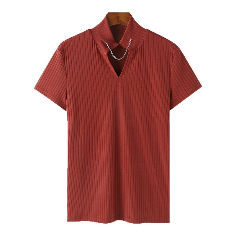 Women's Short-Sleeve Shirt with V-Neck and Textured Ribbed Pattern