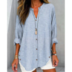 Women's Long-Sleeve Button-Front Blouse with Asymmetrical Hem