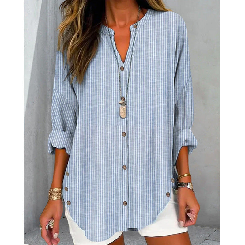 Women's Long-Sleeve Button-Front Blouse with Asymmetrical Hem