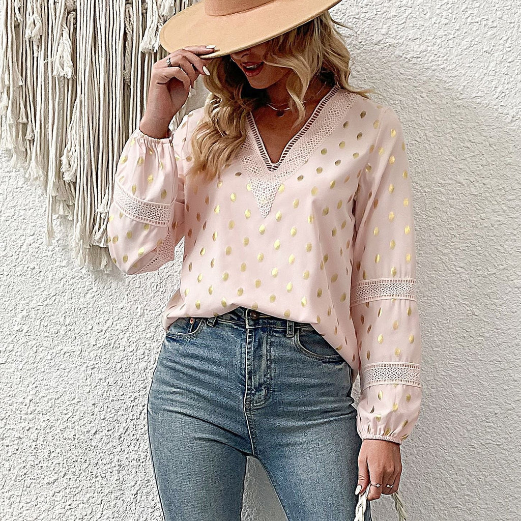Women's V-Neck Blouse with Fine Eyelet Pattern