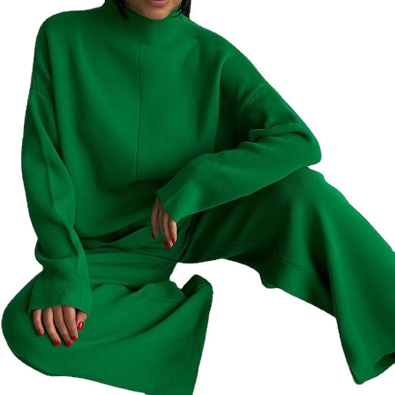 Women's Casual Knit Ensemble with Wide Cut and High Collar