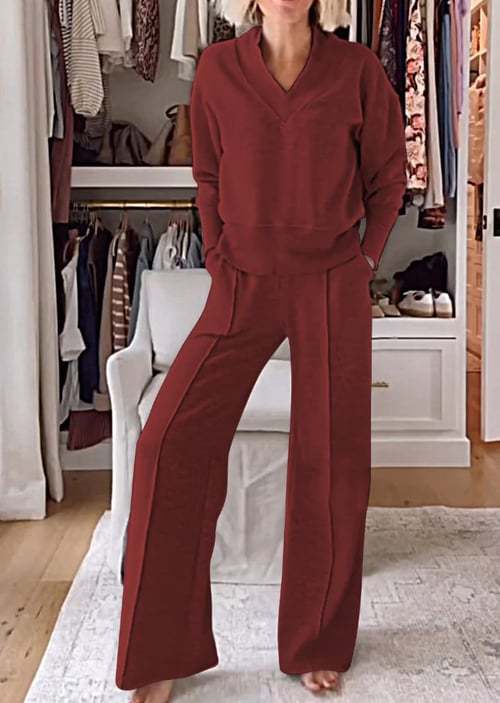 Women's Trendy Leisure Set with Wide Cut and Deep V-Neck