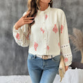 Women's Blouse Top with Embellished Puff Sleeves and Classic Stand-Up Collar