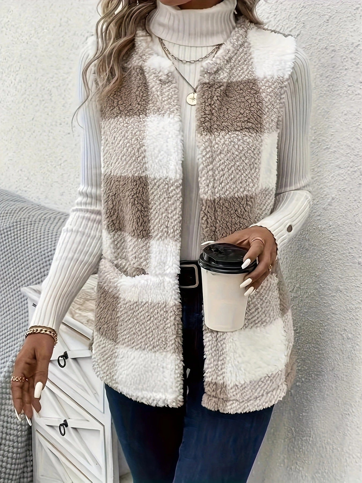 Women's Fluffy Plaid Vest with Pockets