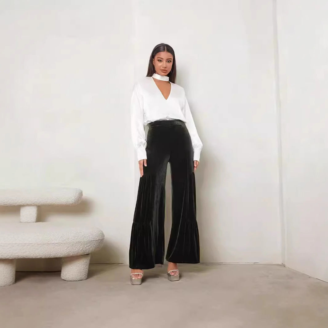 Women's Elegant High-Waisted Wide-Leg Velvet Pants