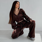 Women's Elegant Velour Lounge Set with Cropped Top and Wide-Leg Pants