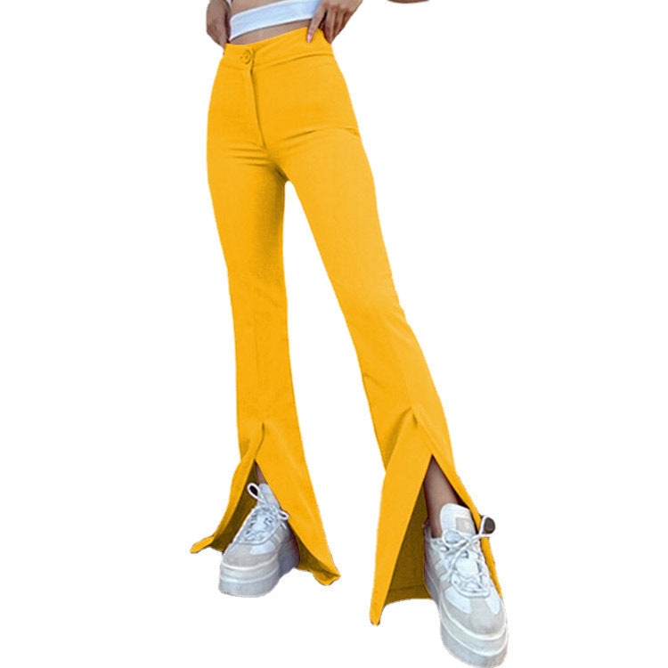 Women's Flared Trousers with Side Slits and High Waist