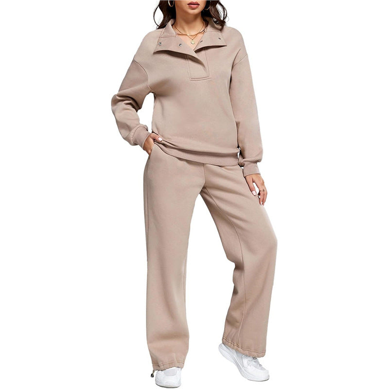 Women's Comfortable Lounge Set with Stand-Up Collar and Wide-Leg Pants