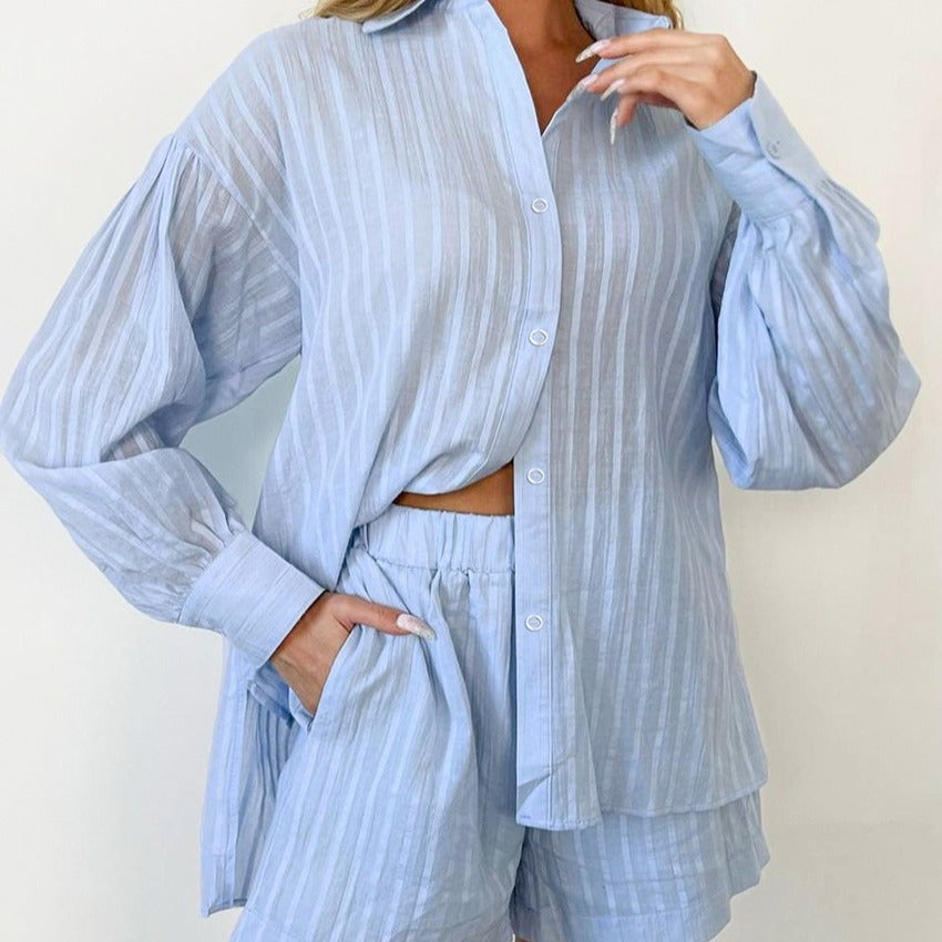 Women's Lightweight Short-Sleeve Blouse Set with Waistband and Striped Design