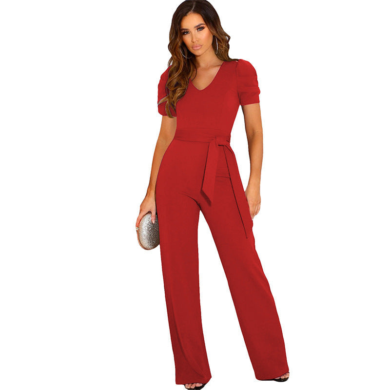 Elegant Women's Jumpsuit with Waist Belt and Puff Sleeves