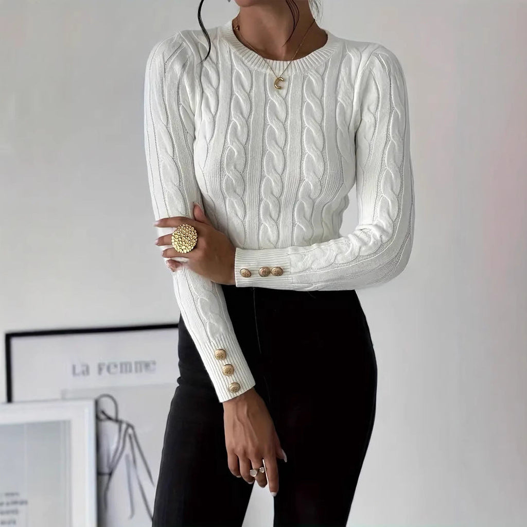Women's Chunky Knit Sweater with Decorative Button Details