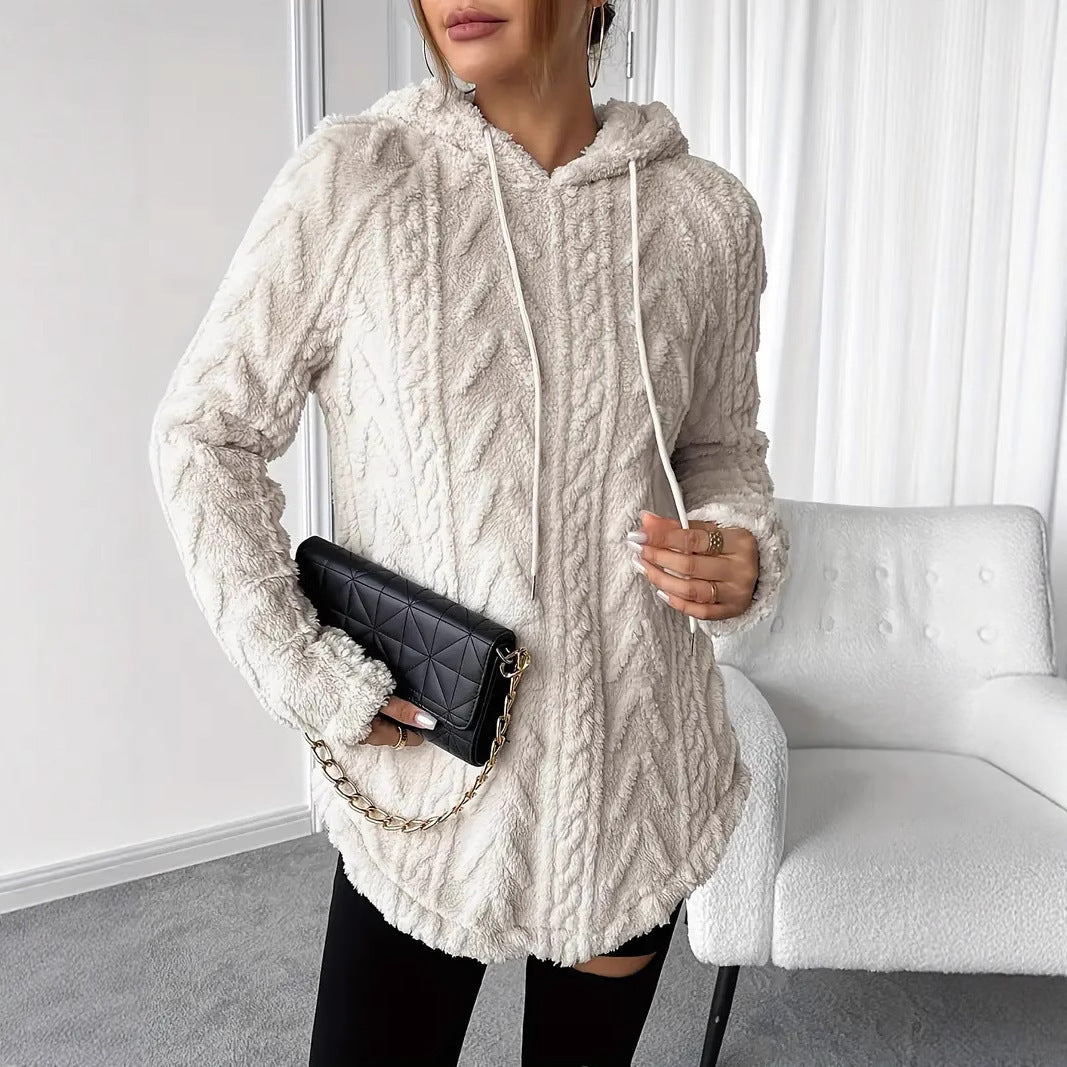 Women's Fluffy Hooded Sweater with Cable Knit Design