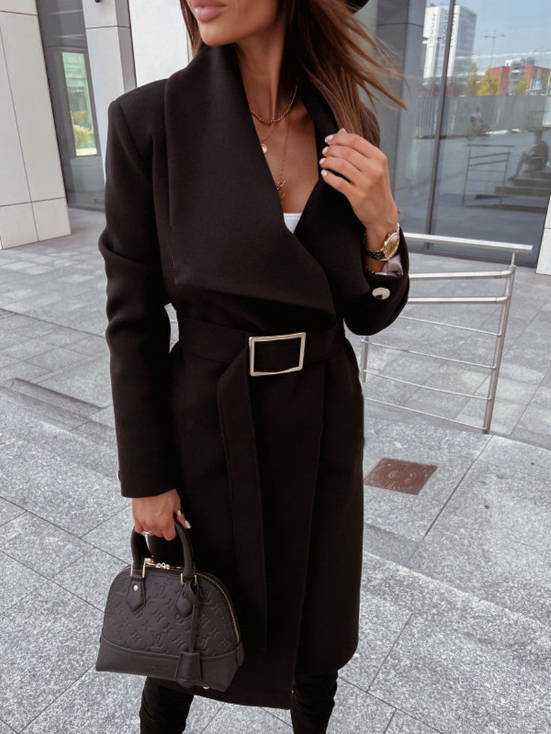 Elegant Trench Coat with Belt and Textured Fabric