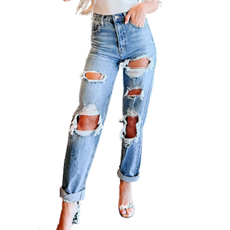 Women's Destroyed Boyfriend Jeans with High Waist