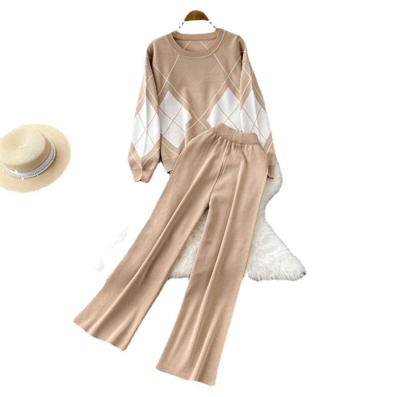 Women's Elegant Diamond Pattern Wide-Leg Knit Loungewear Set